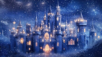 Fototapeta premium A pastel navy and silver castle with softly glowing star-shaped windows, surrounded by shimmering stars, illuminated by lanterns under a futuristic sky, vector art