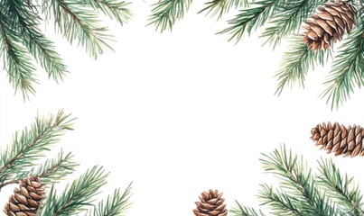 A white background with a frame of pine trees and pine cones