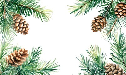 Fototapeta premium A watercolor painting of pine trees with pine cones in the foreground