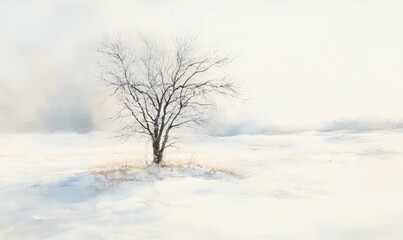 Fototapeta premium A tree stands alone in a snowy field