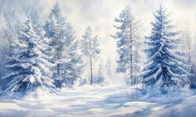 Fototapeta premium A painting of a snowy forest with pine trees