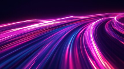 A realistic modern illustration showing neon luminance of bright energy fast dynamic movement on black background with purple streaks created by the movement of lights moving at high speed.