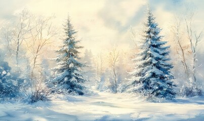 Fototapeta premium A painting of two pine trees in a snowy forest