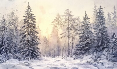 Fototapeta premium A painting of a snowy forest with trees and a sun in the background