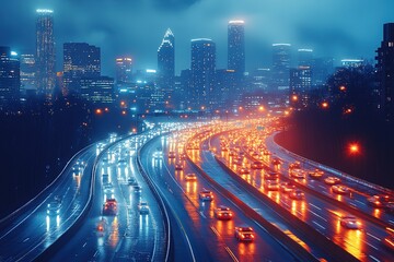 Fototapeta premium Busy Atlanta highway illuminated at dusk showcasing vibrant city life and dynamic traffic flow