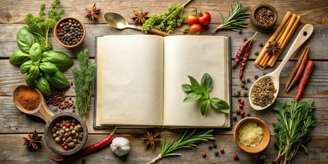 Open recipe book with fresh herbs and spices, perfect for culinary inspiration and cooking ideas