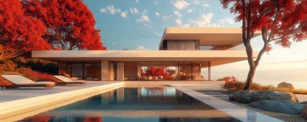Modern house with a luxurious pool surrounded by nature and vibrant autumn colors, featuring sleek architecture and outdoor stairs