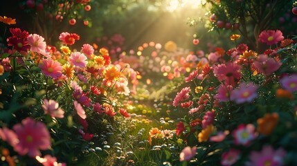 Paradise Garden Full of Flowers Beautiful Idyllic Background