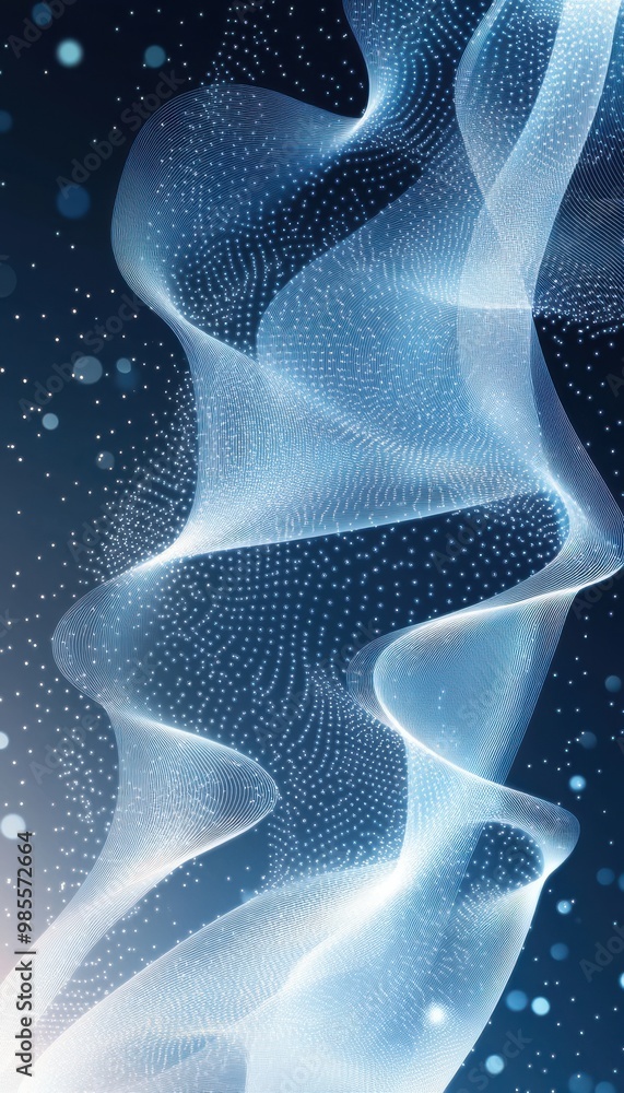 Wall mural abstract light blue and white flowing wave with dotted patterns on a dark background, representing f