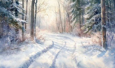 Naklejka premium A painting of a snowy forest road with a sun shining through the trees