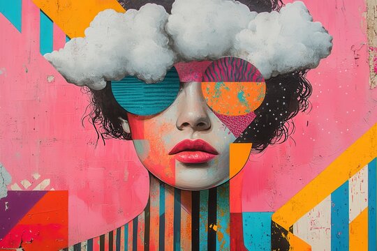 Colorful abstract portrait of a lady with clouds and geometric patterns on a vibrant pink background