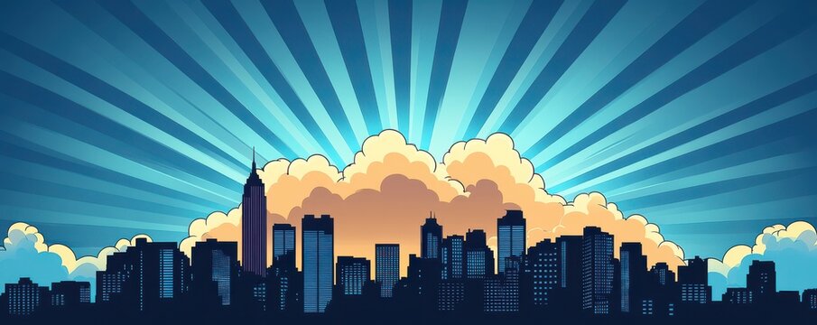 Vibrant cartoon city skyline with dramatic clouds and radiant sun rays in  style illustration