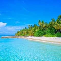 A tranquil beach on a tropical island, with palm trees swaying in the breeze and crystal-clear turquoise water lapping at the shore