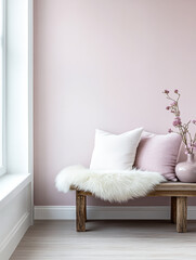 A cozy corner with a pink wall, simple bench, and decorative pillows in a calming indoor space during daylight hours