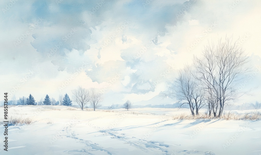 Poster a painting of a snowy field with trees in the background