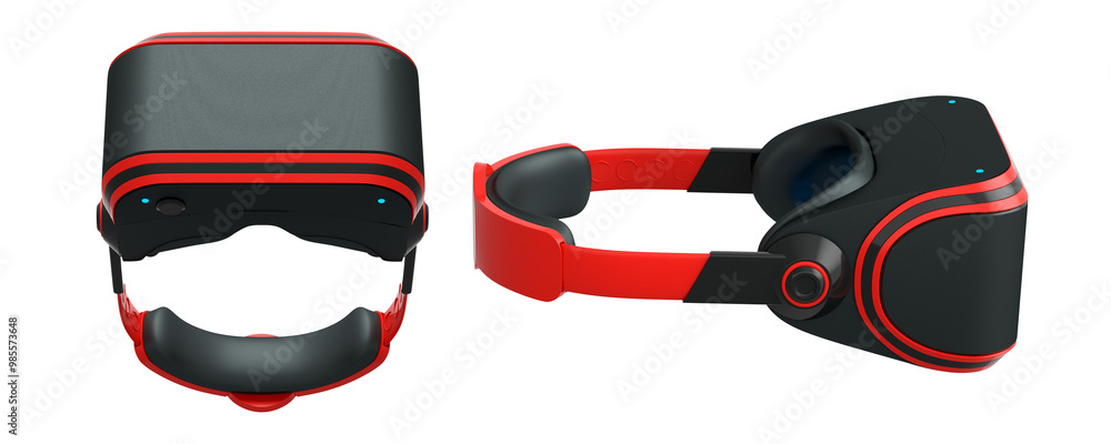 Poster virtual reality glasses and headset isolated on white background with clipping path. 3d render of de