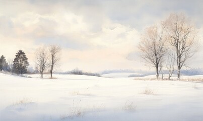 A snowy field with two trees in the foreground
