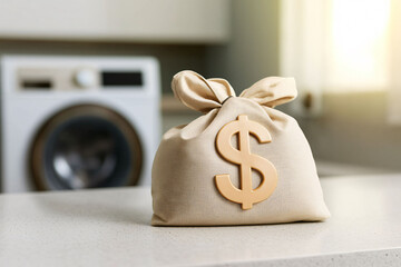 A dollar sign money bag sitting on counter in modern kitchen, symbolizing wealth and financial success. soft lighting adds warm and inviting atmosphere