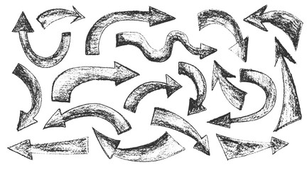 Set of crayon hand drawn arrows in different directions. Chalk, brush, marker drawing bold elements Collection doodle thick geometric shapes for collage Brutal contemporary figures Vector illustration