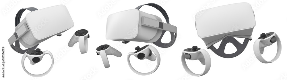 Poster virtual reality glasses and headset with controllers isolated on white background with clipping path