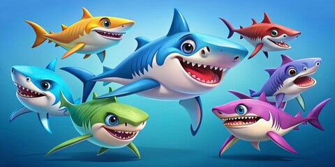 Obraz premium Vibrant cartoon shark characters perfect for playful illustrations and imaginative design projects, showcasing various