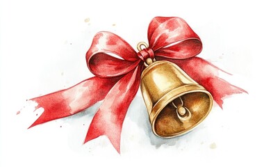 A red ribbon is tied around a bell