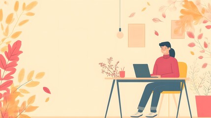 A person sits comfortably at a desk, engaged with a laptop. The background features vibrant autumn leaves.