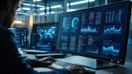 Fototapeta premium analyst uses computer and dashboard for data business analysis and Data Management System with KPI and metrics connected to the database for technology finance, operations, sales, marketing