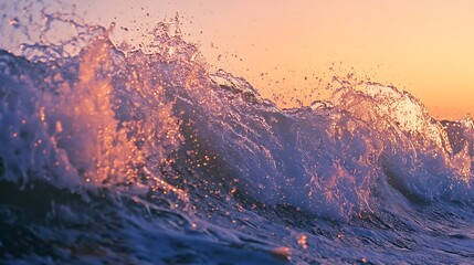 Naklejka premium Seaside purple aquatic waves and cloudy sky above, fantasy like landscape view