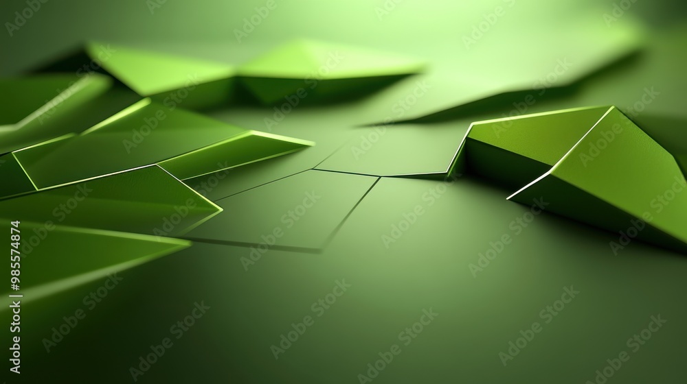 Poster dynamic green 3d background with layered polygons and subtle lighting, ideal for modern and creative