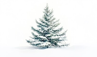 A snow covered pine tree stands alone in a white background