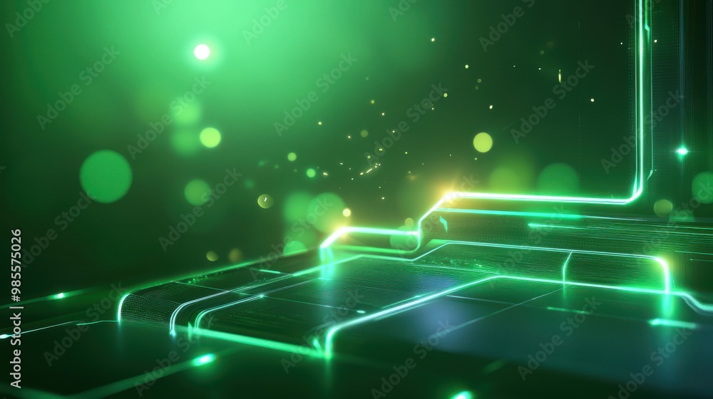 Poster dynamic green futuristic backdrop with neon effects and digital patterns, ideal for creating a moder