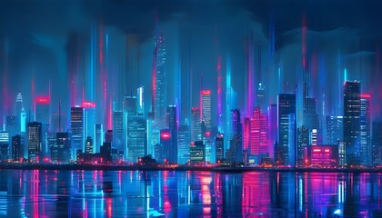 Futuristic city skyline illuminated by vibrant blue neon lights