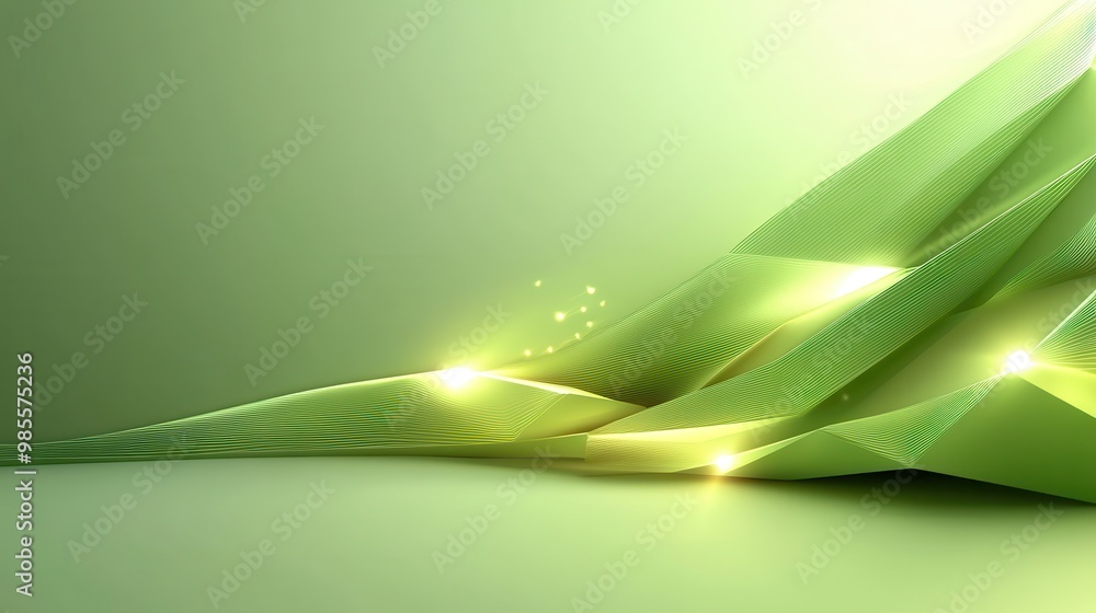 Poster dynamic green geometric low poly design with sharp facets and subtle lighting effects, creating an e