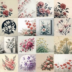 Flowers drawing on stone wall. Vintage style. AI generated illustration