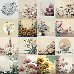 Flowers drawing on stone wall. Vintage style. AI generated illustration