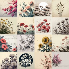 Flowers drawing on stone wall. Vintage style. AI generated illustration
