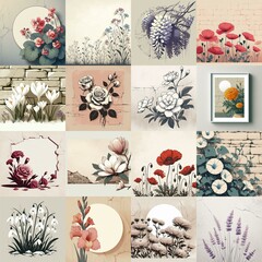 Flowers drawing on stone wall. Vintage style. AI generated illustration