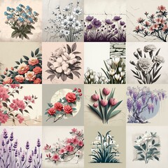 Flowers drawing on stone wall. Vintage style. AI generated illustration