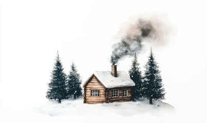 A cabin with smoke coming out of the chimney