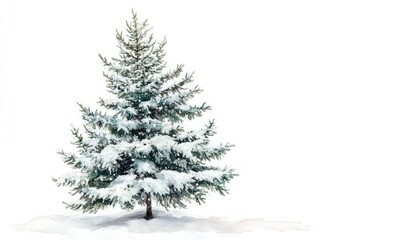 Fototapeta premium A snow covered pine tree stands alone in a field