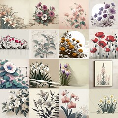 Flowers drawing on stone wall. Vintage style. AI generated illustration
