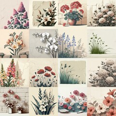 Flowers drawing on stone wall. Vintage style. AI generated illustration