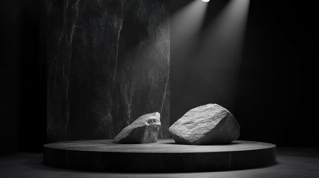 Black, dark and gray geometric Stone and Rock shape background, minimalist mockup for podium display showcase, studio room, Platform illuminated by spotlights, interior texture for display products
