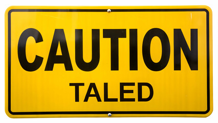 Fototapeta premium Caution sign in yellow with black bold letters on a white background