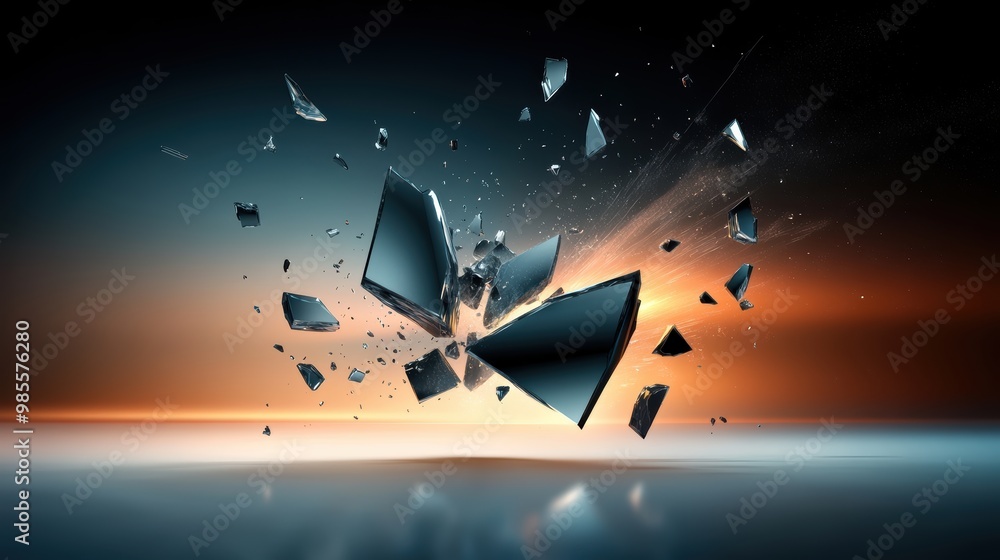 Poster dynamic shatter vector design with pieces of a shattered surface floating through space, creating a 