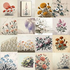 Flowers drawing on stone wall. Vintage style. AI generated illustration