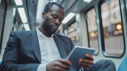 A businessman reviewing financial reports and investment portfolios on a tablet device while commuting on a train