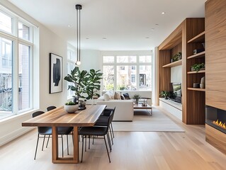 Fototapeta premium Interior design Scandinavian style, wooden furniture in living room, natural light come in through windows