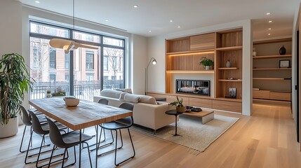 Fototapeta premium Interior design Scandinavian style, wooden furniture in living room, natural light come in through windows